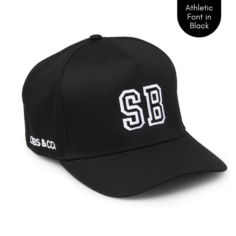 Personalised black baseball cap with your initials for babies, toddlers, kids, women and men, Cubs & Co. Australia.