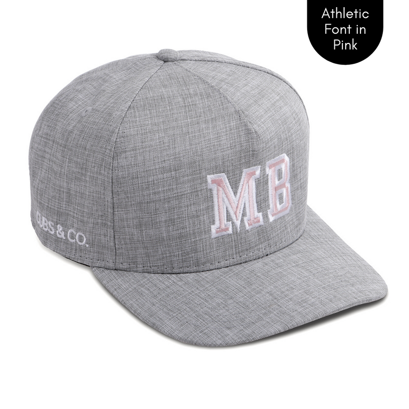 Personalised grey baseball cap with your initials for babies, toddlers, kids, women and men, Cubs & Co. Australia.