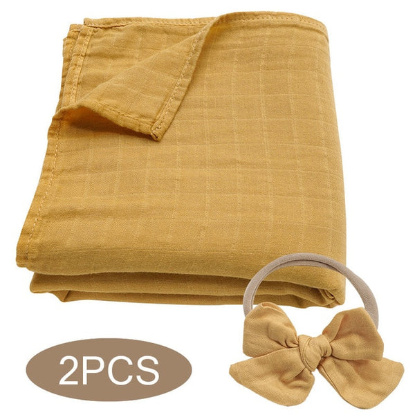 Bamboo Cotton Muslin Wrap + Bow - Mustard