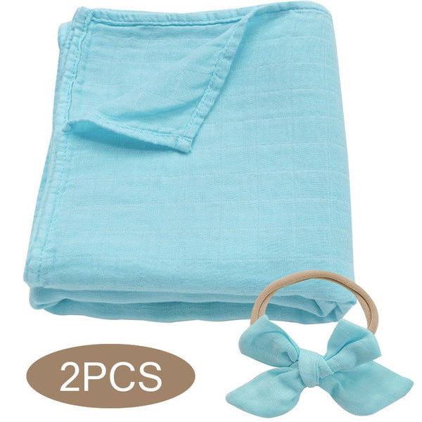 Bamboo Cotton Muslin Wrap + Bow - Sky Blue